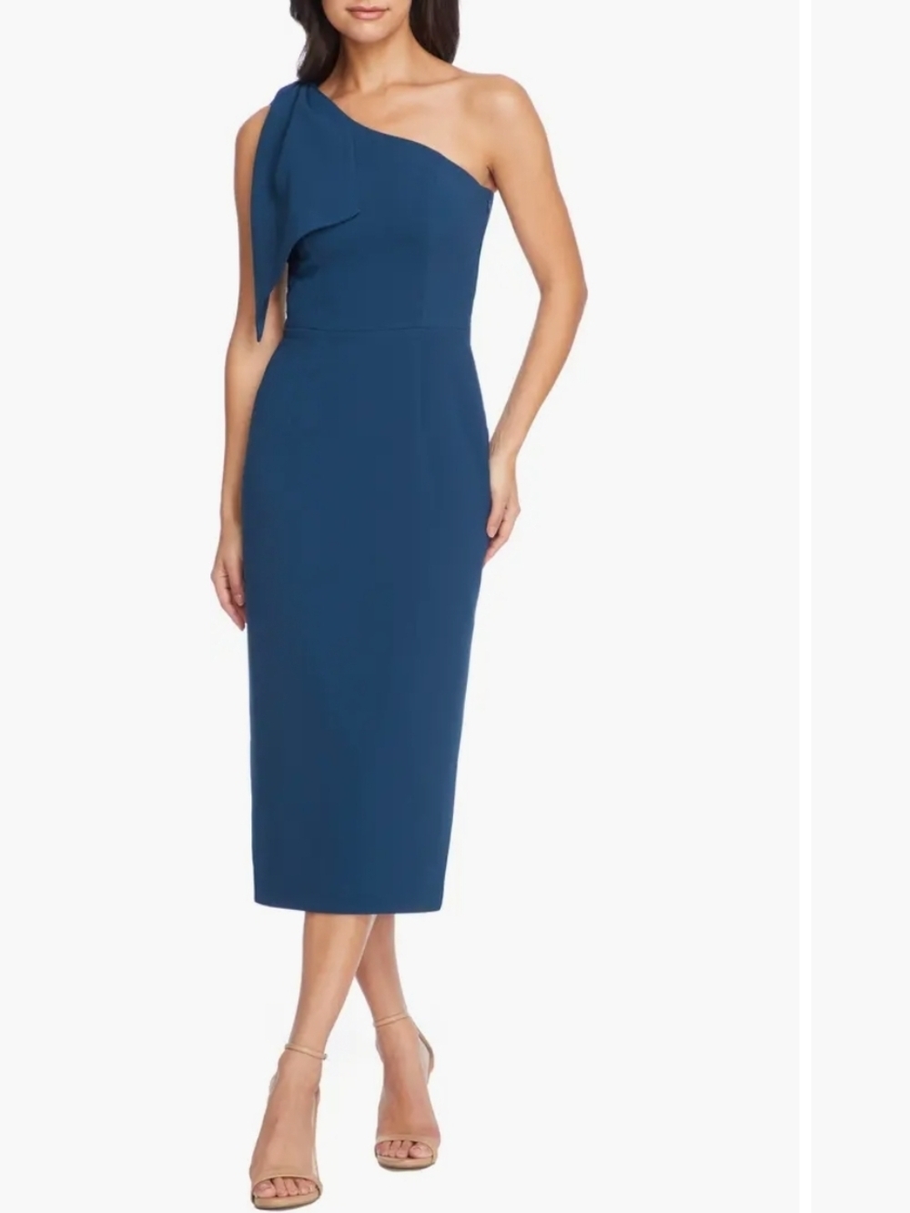 Dress the Population Peacock Blue One-Shoulder Midi Dress | Sleek Bodycon Fit LG